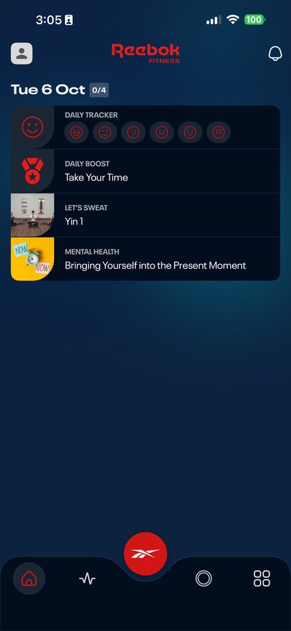 The home screen of the Reebok Fitness app