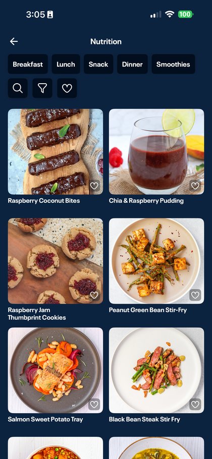 Nutrition content in the Reebok Fitness app