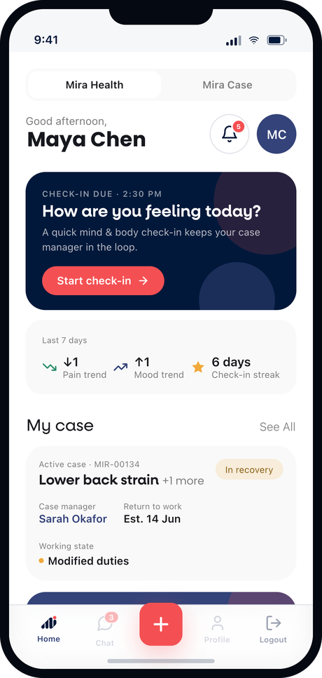 A player's case and daily check-in in the Mira app