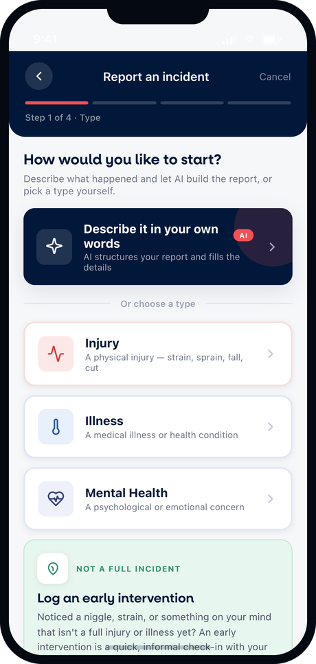 Reporting an incident in the Mira app, with AI help or a type you choose